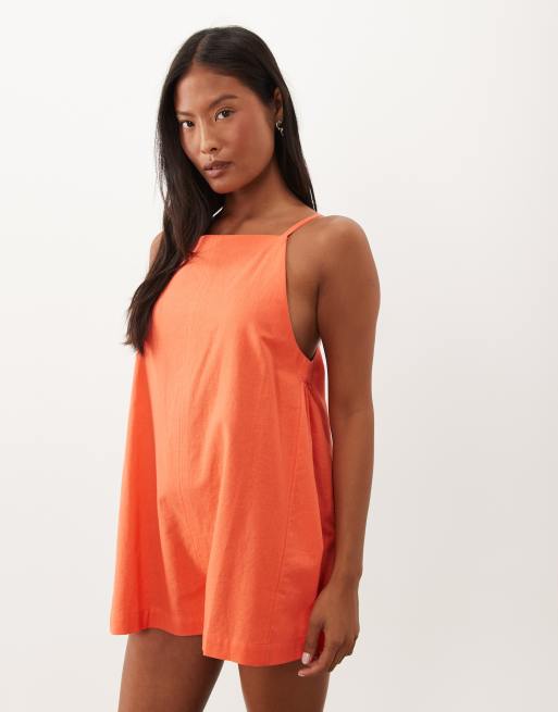 ASOS DESIGN Petite cotton linen pinny romper in coral red, 2 of 4