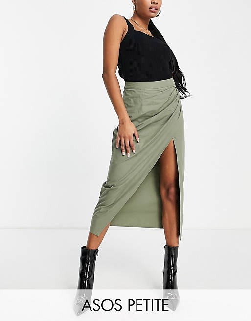 Skirts Petite cotton midi skirt with side ruched split in khaki 