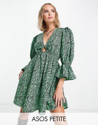 ASOS DESIGN Petite cotton mini smock dress in green zebra