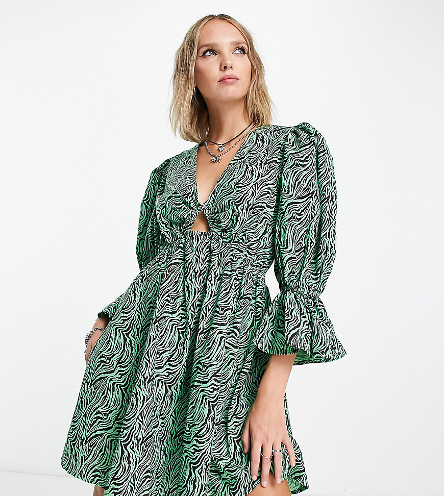 ASOS DESIGN Petite cotton mini smock dress in green zebra-Multi