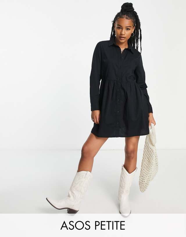 ASOS DESIGN Petite cotton mini smock shirt dress in black