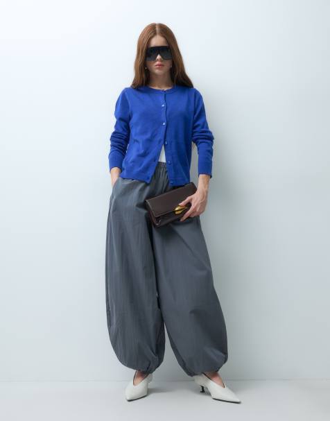 ASOS DESIGN Petite cotton nylon blend pull on balloon trousers in charcoal - view 1