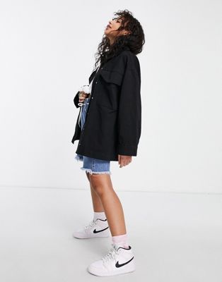 ASOS DESIGN Petite cotton twill shacket with pocket in black