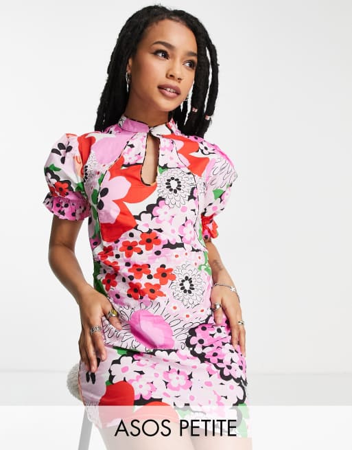 ASOS DESIGN Petite cotton poplin keyhole mini dress in bright floral , 2 of 4