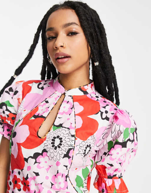 ASOS DESIGN Petite cotton poplin keyhole mini dress in bright floral , 4 of 4