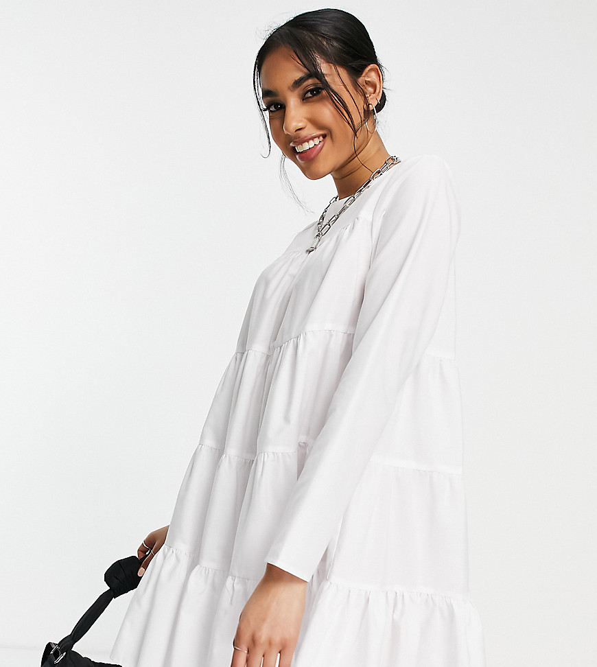 ASOS DESIGN Petite cotton poplin tiered long sleeve mini smock dress in white