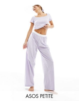 ASOS DESIGN Petite cotton pyjama trouser with exposed waistband and picot trim in lilac