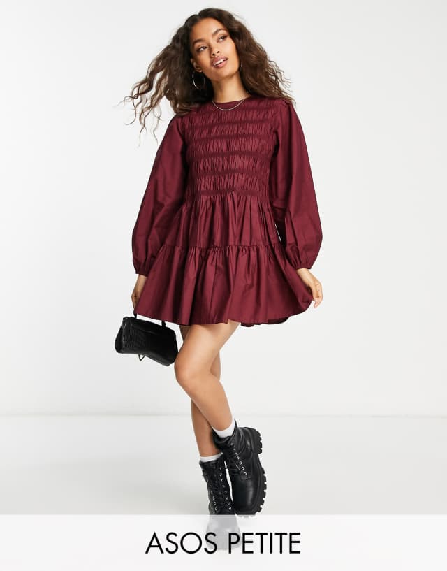 ASOS DESIGN Petite cotton shirred mini smock dress in wine