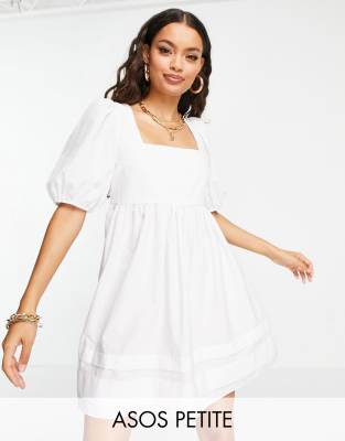 ASOS DESIGN Petite cotton square neck mini smock dress with open tie back in white