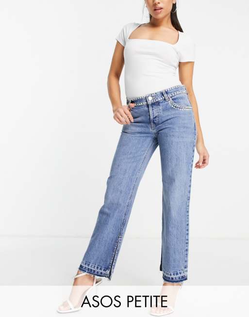 ASOS DESIGN Petite cotton straight jeans in midwash with diamante hotfix