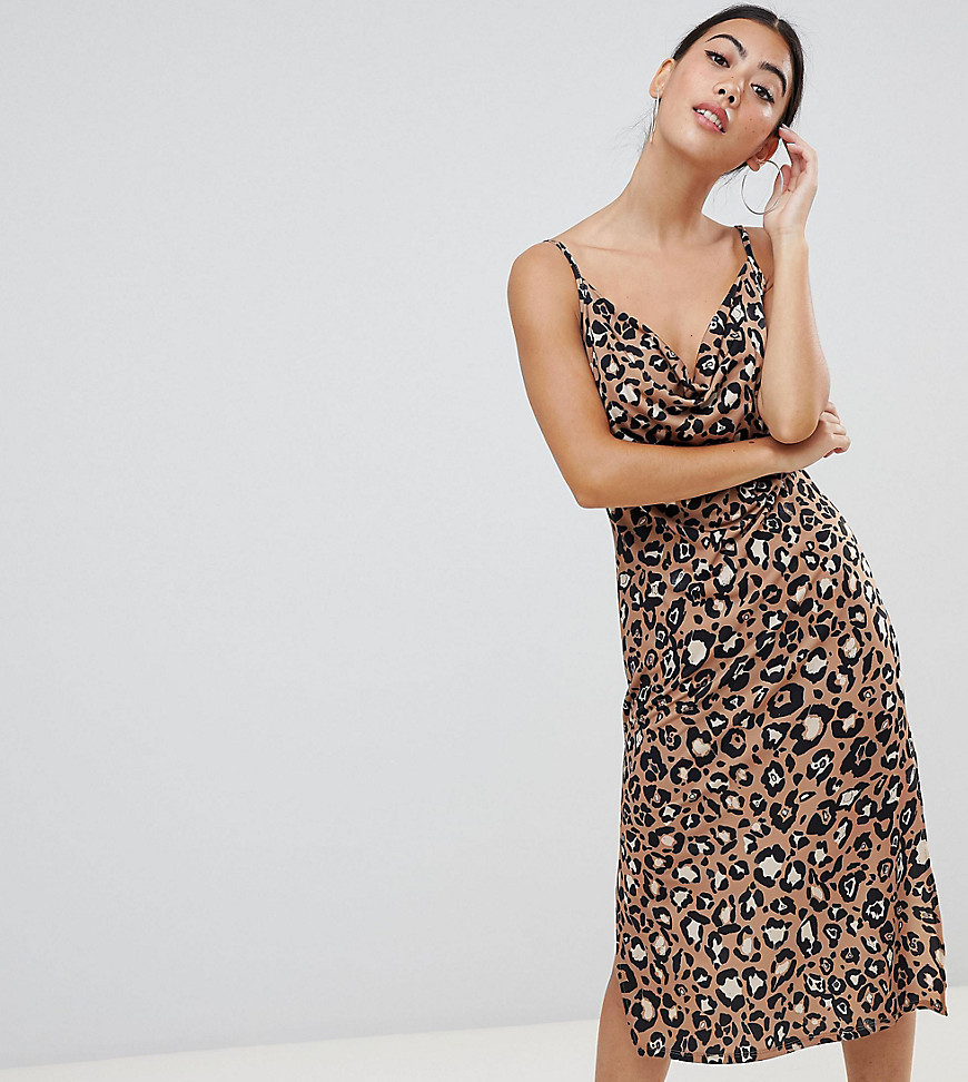 ASOS DESIGN Petite cowl front midi slip dress in leopard print-Multi