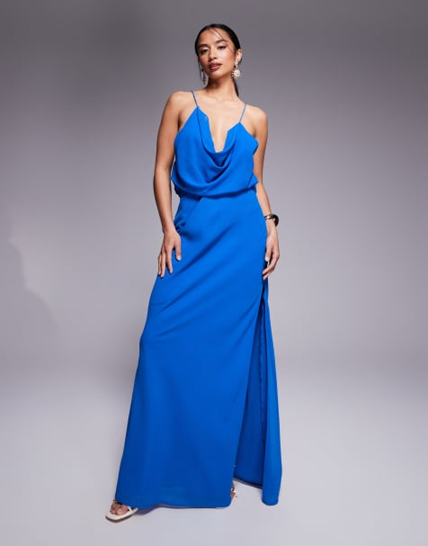 ASOS DESIGN Petite cowl front racer back strappy maxi dress in blue - view 1