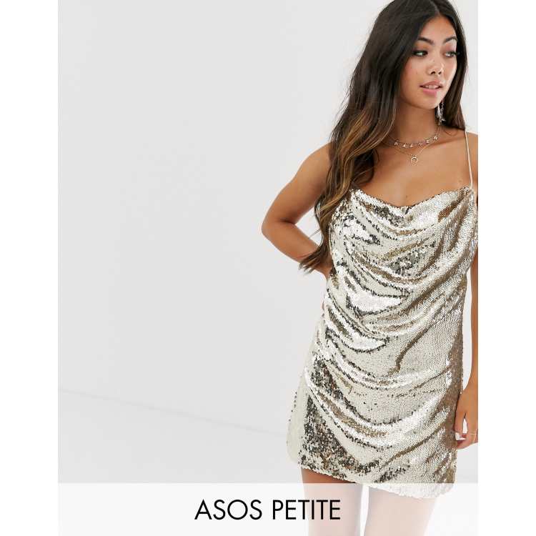 asos design cowl neck all over sequin mini cami dress ASOS DESIGN Petite cowl neck all over sequin mini cami dress