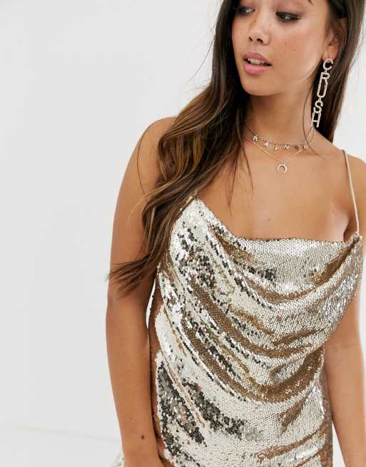 asos design cowl neck all over sequin mini cami dress ASOS DESIGN Petite cowl neck all over sequin mini cami dress
