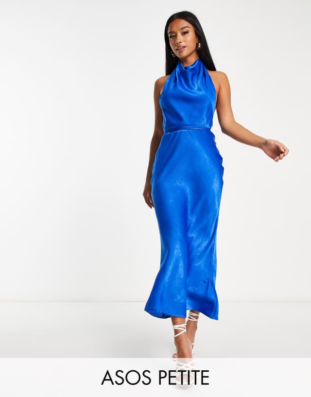 ASOS DESIGN Petite cowl neck halter midi with tie wrap waist dress in cobalt blue