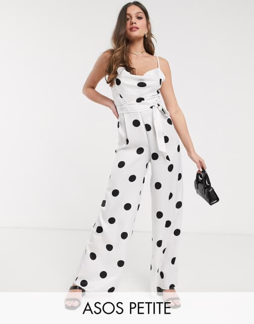 Asos Design Petite Cowl Neck Jumpsuit With Wide Leg In White Polka Dot Asos