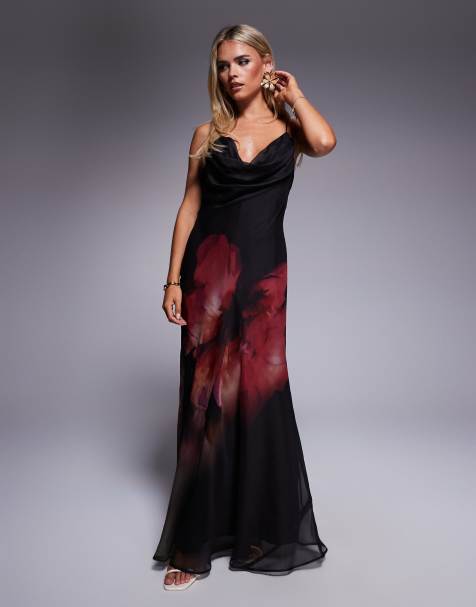 ASOS DESIGN Petite cowl neck plunge maxi dress with back detail in pink placement floral print - view 1