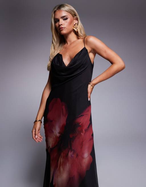 ASOS DESIGN Petite cowl neck plunge maxi dress with back detail in pink placement floral print