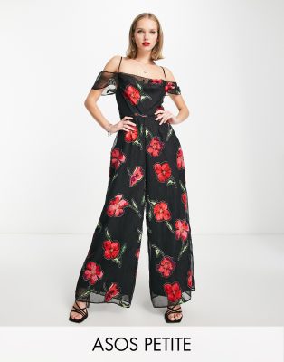 ASOS DESIGN Petite cowl neck wide leg jumpsuit in floral burnout-Multi