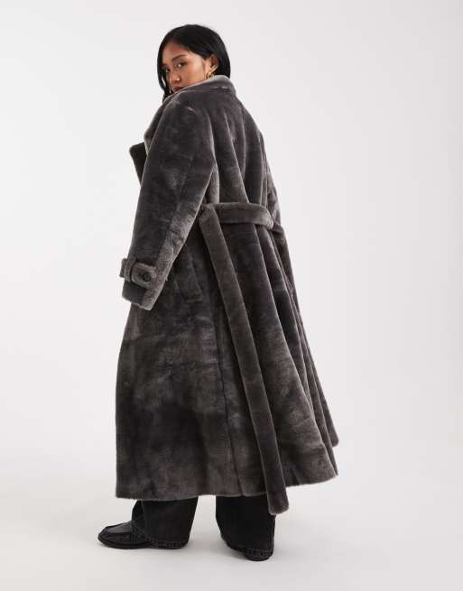 ASOS DESIGN Petite cozy borg funnel neck longline coat in charcoal
