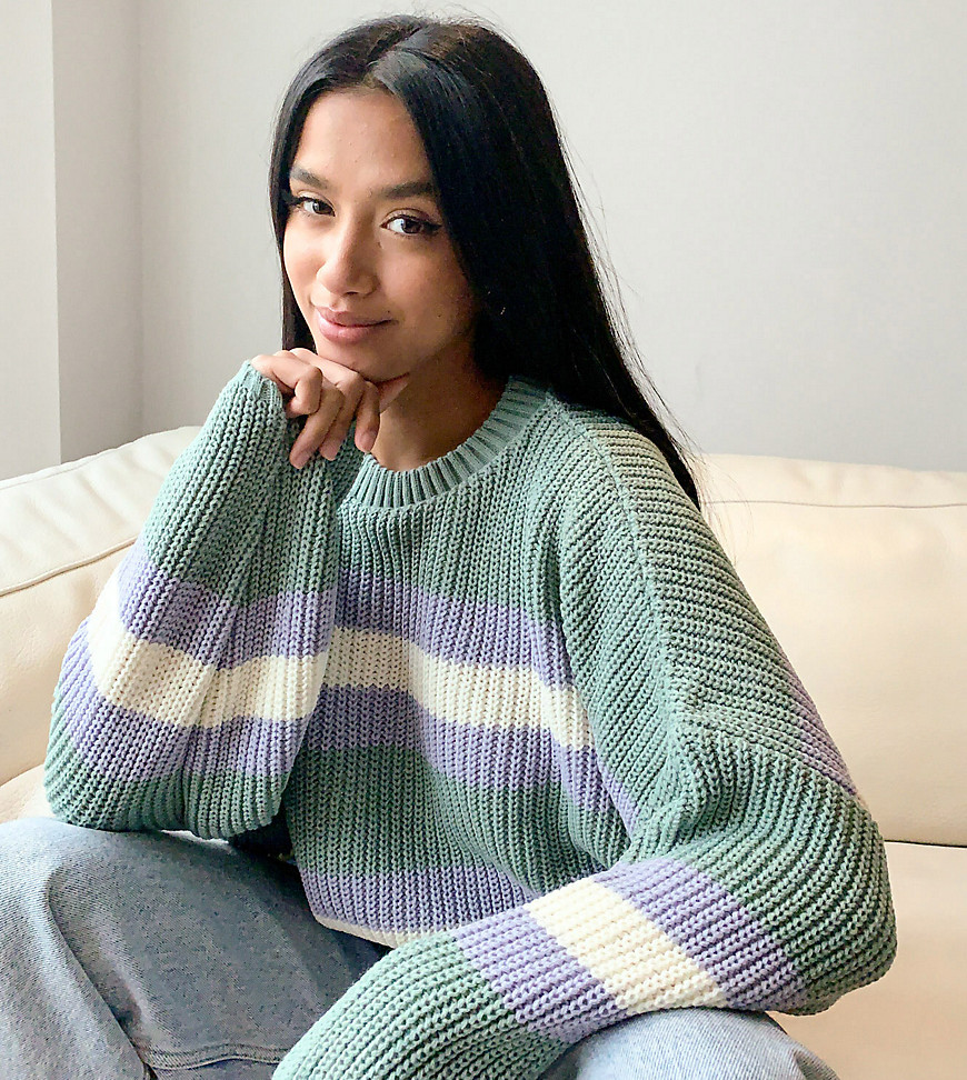 Asos Petite Asos Design Petite Crew Neck Boxy Sweater With Multi Stripes In Sage-green