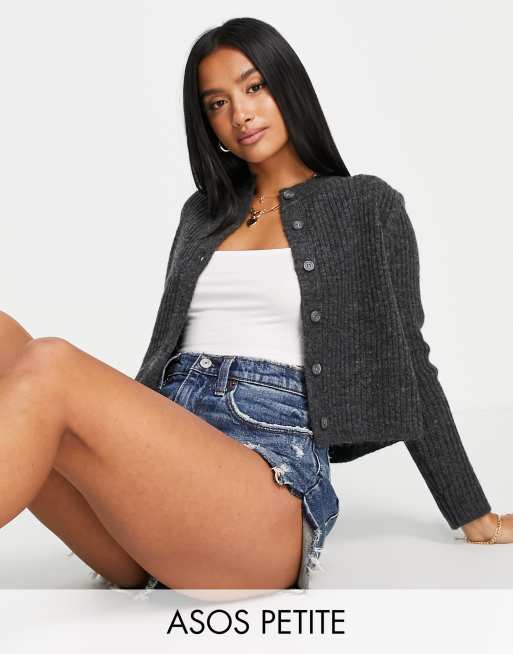 ASOS DESIGN Petite crew neck cardi with button front in dark grey