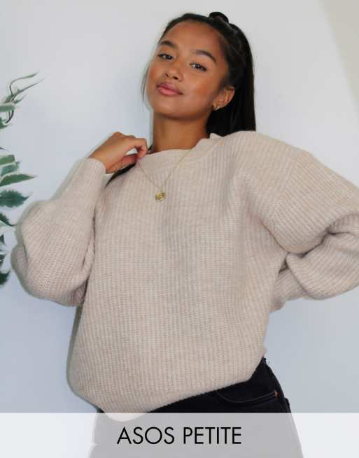 ASOS DESIGN Petite crew neck fluffy sweater with balloon sleeve