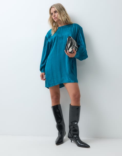 ASOS DESIGN Petite crew neck jacquard mini dress with blouson sleeve in teal