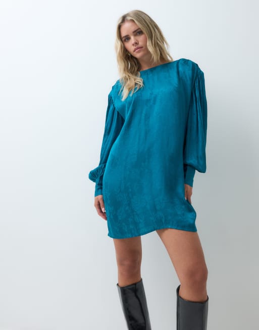 ASOS DESIGN Petite crew neck jacquard mini dress with blouson sleeve in teal, 2 of 5