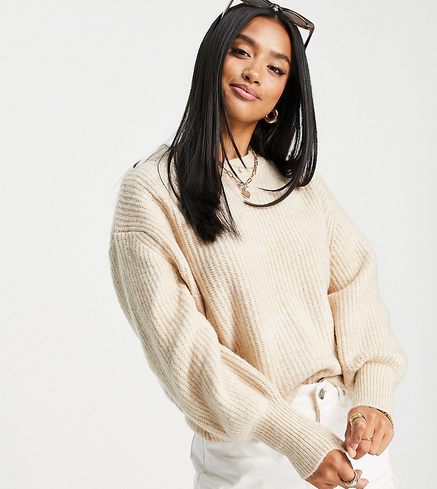 ASOS DESIGN Petite crew neck sweater in rib with fluffy yarn in oatmeal-Neutral