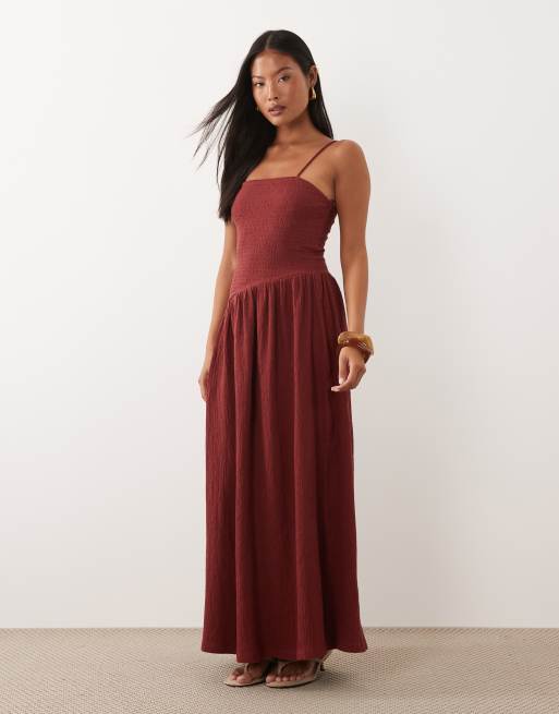 ASOS DESIGN Petite crinkle cami tie back midi dress with asym waist in rust brown, 2 of 4