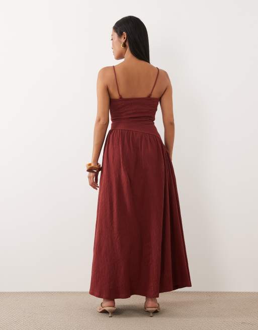 ASOS DESIGN Petite crinkle cami tie back midi dress with asym waist in rust brown, 4 of 4