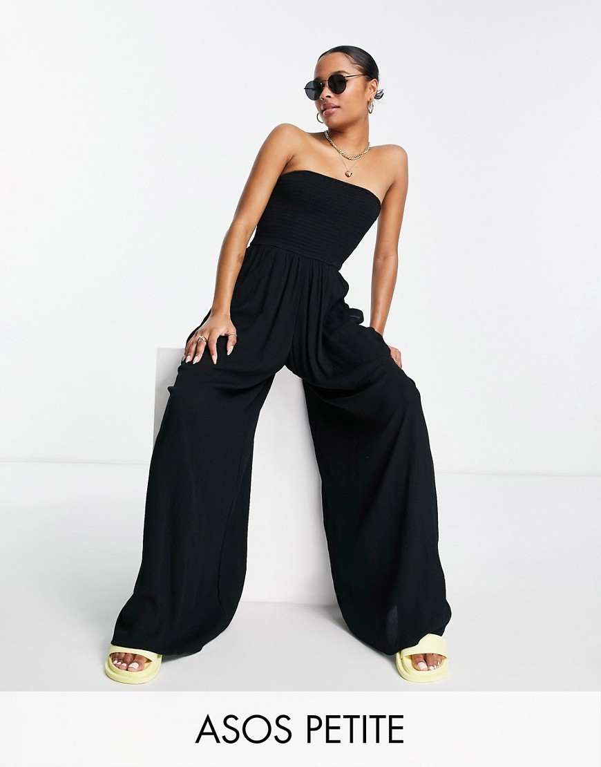 ASOS DESIGN Petite crinkle rayon strapless slouch jumpsuit in black