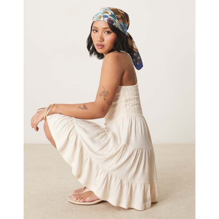 ASOS DESIGN Petite crinkle scoop tiered mini dress in cream