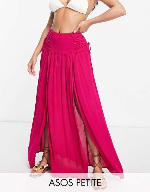 ASOS DESIGN Petite crinkle shirred waist maxi skirt with ruched sides in hot pink