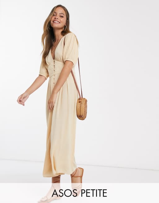 ASOS DESIGN petite crinkle tea jumpsuit with puff sleeve in stone