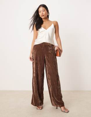 ASOS Petite ASOS DESIGN Petite crinkle velvet pull on trouser in brown