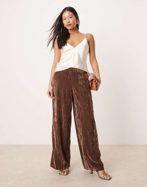 ASOS DESIGN Petite crinkle velvet pull on trouser in brown