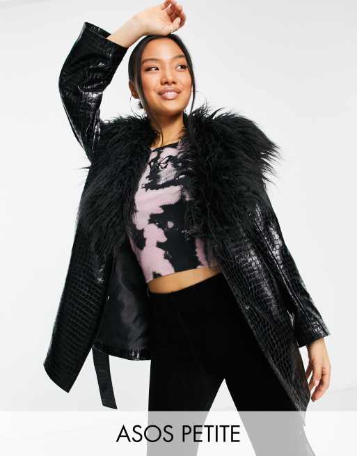 ASOS DESIGN Petite croc vinyl belted coat with faux fur collar in black