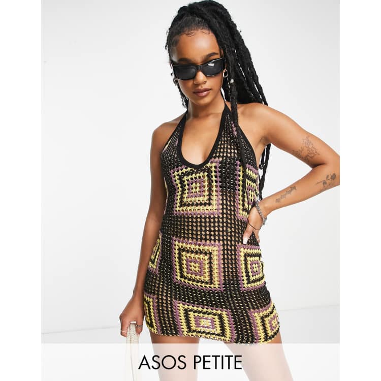 ASOS DESIGN Petite crochet halter mini dress in black and yellow