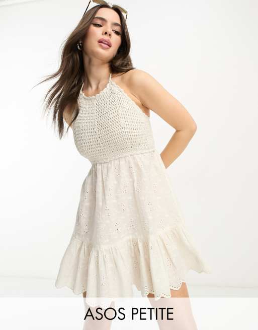 ASOS DESIGN Petite crochet halter mini dress with broderie in