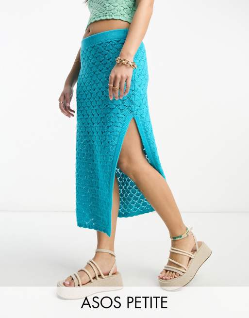 ASOS DESIGN Petite crochet midi skirt in wave stitch in blue co