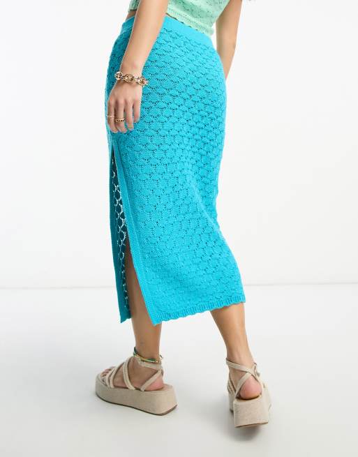 ASOS DESIGN Petite crochet midi skirt in wave stitch in blue - part of a set