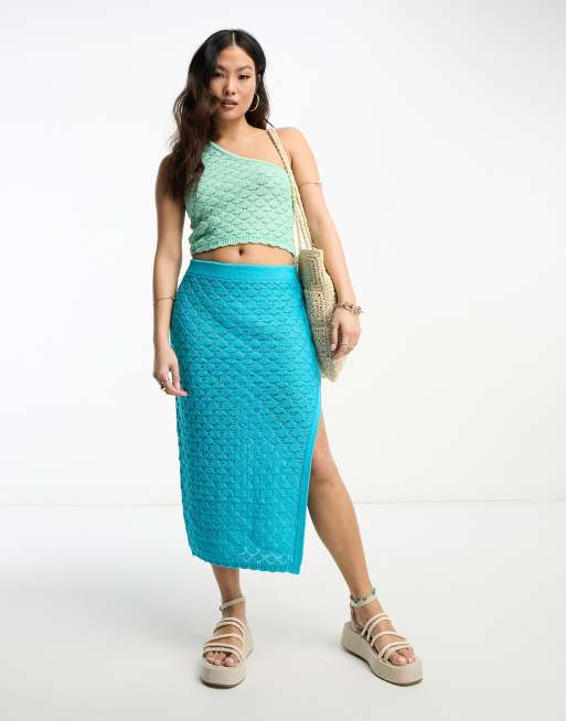 ASOS DESIGN Petite crochet midi skirt in wave stitch in blue - part of a set