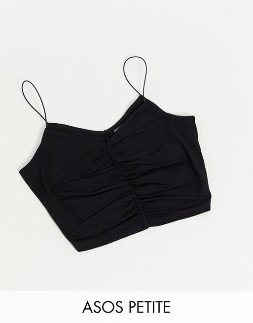 ASOS DESIGN Petite crop cami with ruched front and skinny straps in black