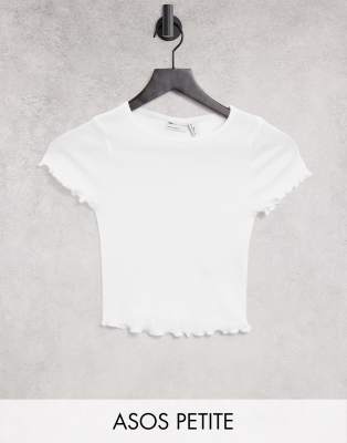 ASOS DESIGN Petite crop fitted t-shirt with lettuce edge in white