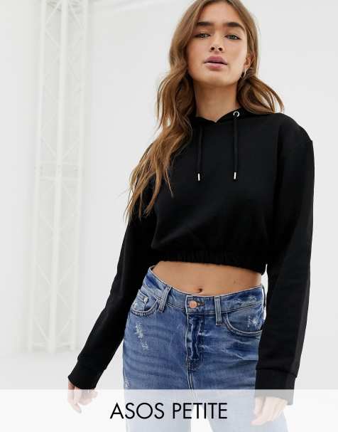 ASOS DESIGN Petite crop hoodie with clean hem in black