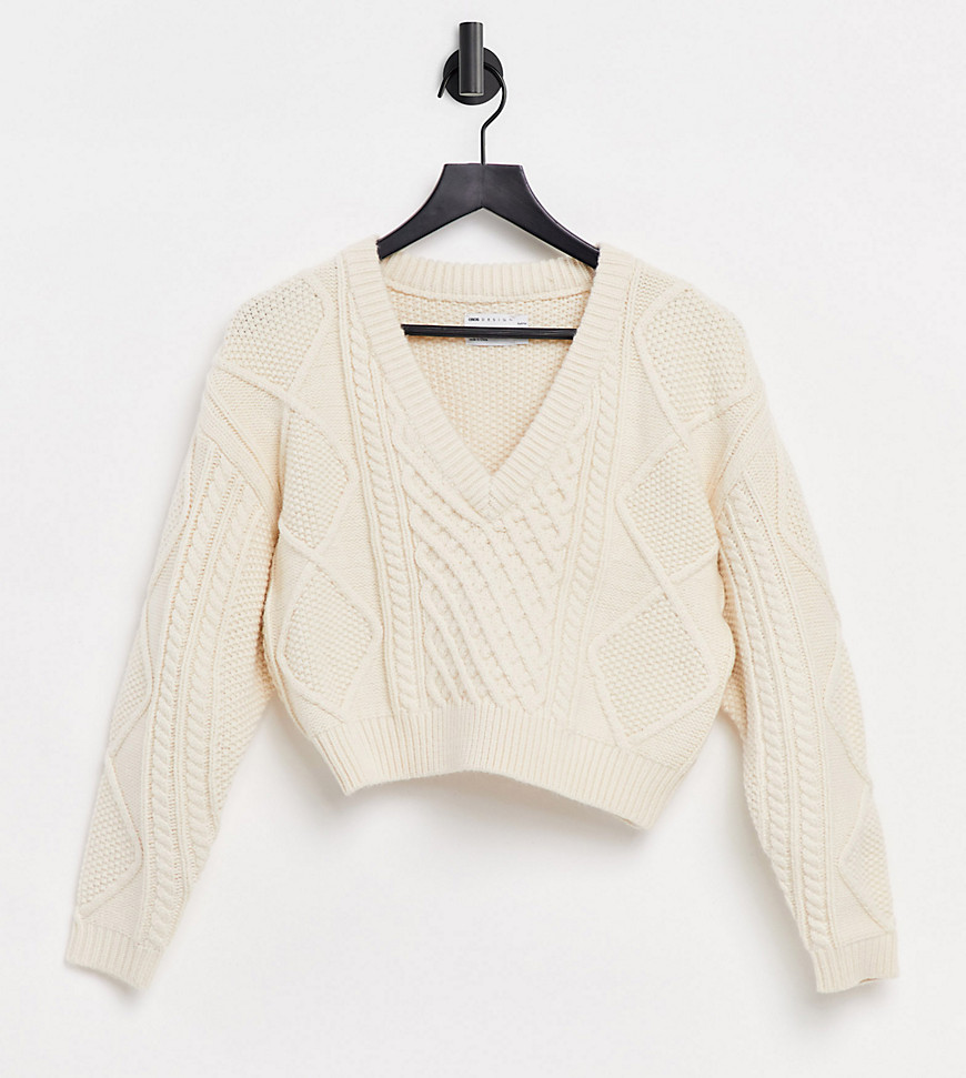 ASOS DESIGN Petite crop sweater with cable detail in cream-White
