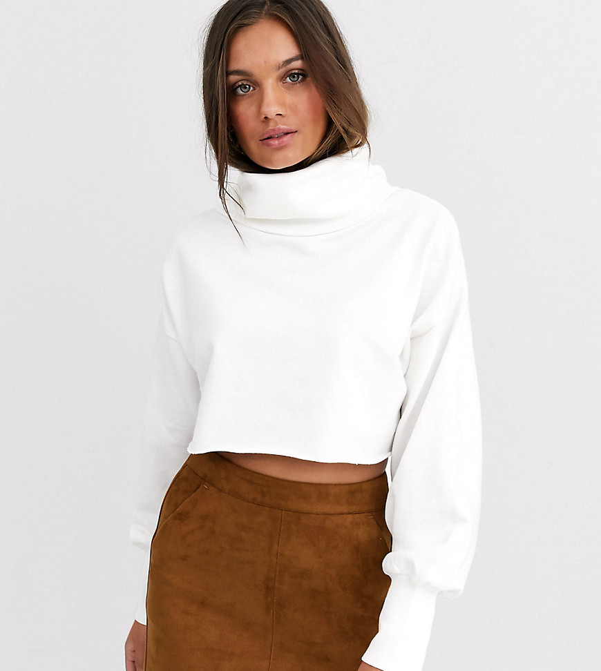 ASOS DESIGN Petite crop sweatshirt with slouchy roll neck in winter white
