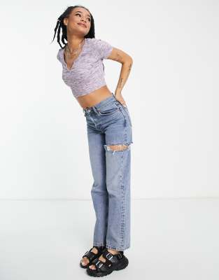 Crop top attillato con intaglio sullo scollo lilla e nero mélange a coste-Multicolore - ASOS Design Petite T-shirt donna  - immagine1